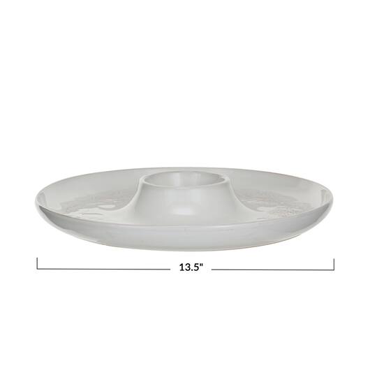 Hello Honey® 13.5" White Round Debossed Stoneware Chip & Dip with Pine Boughs in Reactive Glaze